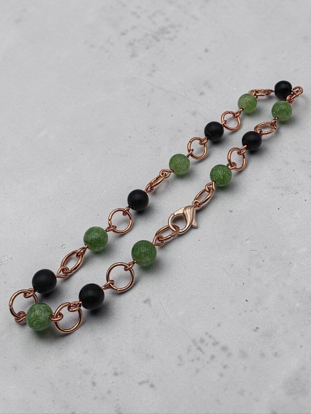 Green & Black Beaded Chain Anklet with Rose Gold Links Handmade Boho Jewelry